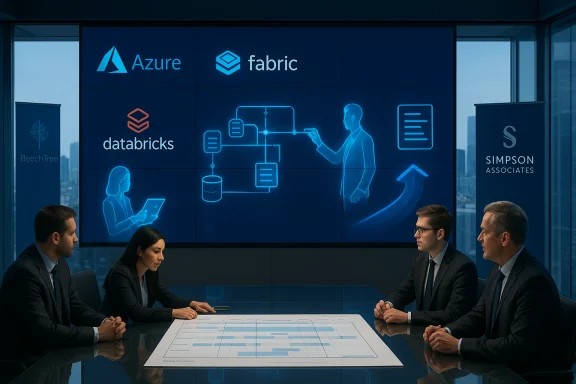 Business meeting around a table with a blue holographic data-flow diagram and Azure, Fabric, Databricks logos. Business meeting around a table with a blue holographic data-flow diagram and Azure, Fabric, Databricks logos.