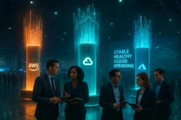 Professionals discuss cloud spending beneath glowing AWS and cloud pillars. Professionals discuss cloud spending beneath glowing AWS and cloud pillars.