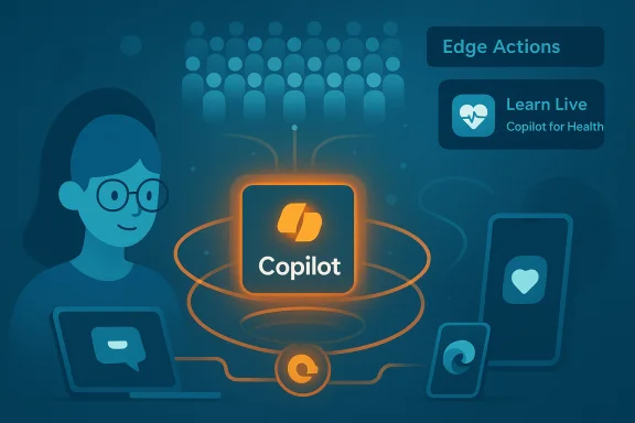 Illustration of Copilot at center, linking people and devices for health actions. Illustration of Copilot at center, linking people and devices for health actions.