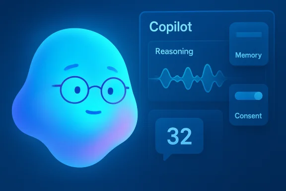 A glowing blue AI cartoon with glasses beside a Copilot UI showing Reasoning, Memory, and Consent. A glowing blue AI cartoon with glasses beside a Copilot UI showing Reasoning, Memory, and Consent.