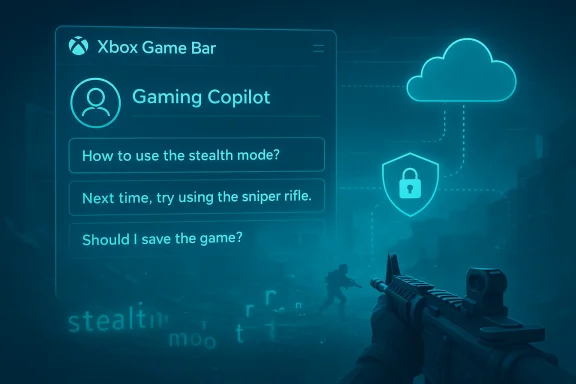 Xbox Game Bar UI shows “Gaming Copilot” giving stealth tips as the player aims a rifle. Xbox Game Bar UI shows “Gaming Copilot” giving stealth tips as the player aims a rifle.