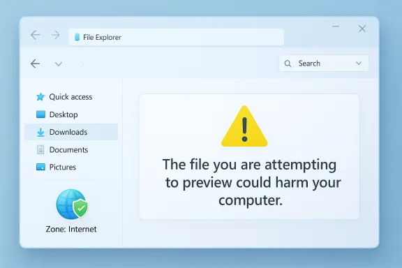 Windows File Explorer displays a warning that the file preview could harm your computer. Windows File Explorer displays a warning that the file preview could harm your computer.