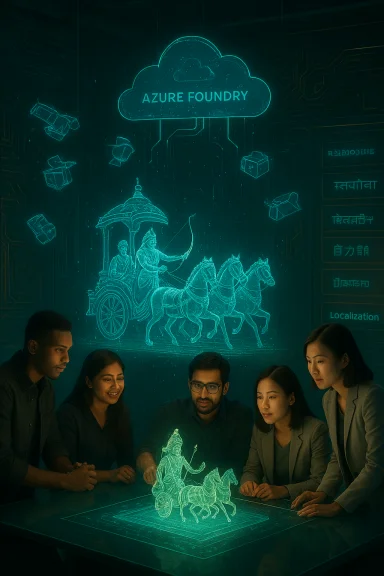 A diverse team studies a glowing holographic chariot projection in Azure Foundry. A diverse team studies a glowing holographic chariot projection in Azure Foundry.