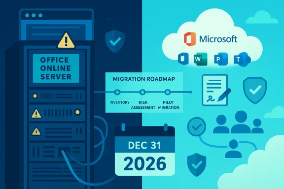 Migration roadmap from Office Online Server to Microsoft cloud by Dec 31, 2026. Migration roadmap from Office Online Server to Microsoft cloud by Dec 31, 2026.