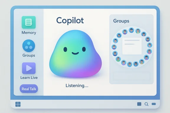 A colorful UI mockup featuring Copilot with a smiling rainbow blob, side menu icons, and a groups panel. A colorful UI mockup featuring Copilot with a smiling rainbow blob, side menu icons, and a groups panel.