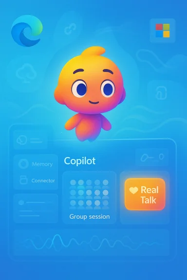 A cute gradient Copilot character hovers over a blue UI showing Copilot and Real Talk tiles. A cute gradient Copilot character hovers over a blue UI showing Copilot and Real Talk tiles.
