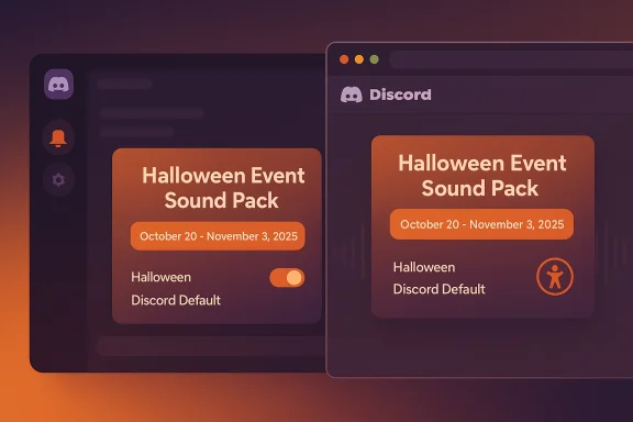 Two overlapping Discord windows showcase a Halloween Event Sound Pack card with Oct 20–Nov 3, 2025. Two overlapping Discord windows showcase a Halloween Event Sound Pack card with Oct 20–Nov 3, 2025.