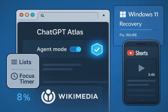 A collage of UI panels showing ChatGPT Atlas agent mode, Windows 11 Recovery, Shorts, and widgets. A collage of UI panels showing ChatGPT Atlas agent mode, Windows 11 Recovery, Shorts, and widgets.