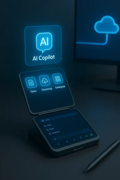 A futuristic dual-screen device displays a neon-blue AI Copilot interface.