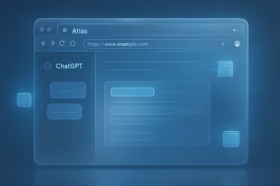 Blue holographic browser UI labeled Atlas with a ChatGPT sidebar and glowing panels. Blue holographic browser UI labeled Atlas with a ChatGPT sidebar and glowing panels.