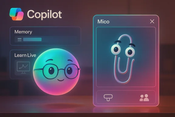 Neon Copilot UI with a smiling gradient orb wearing glasses and a 'Mico' card. Neon Copilot UI with a smiling gradient orb wearing glasses and a 'Mico' card.