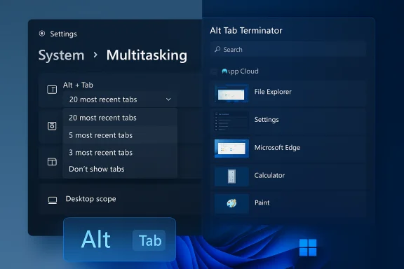 Dark blue Windows-style Alt+Tab multitasking panel showing recent tabs and app icons. Dark blue Windows-style Alt+Tab multitasking panel showing recent tabs and app icons.