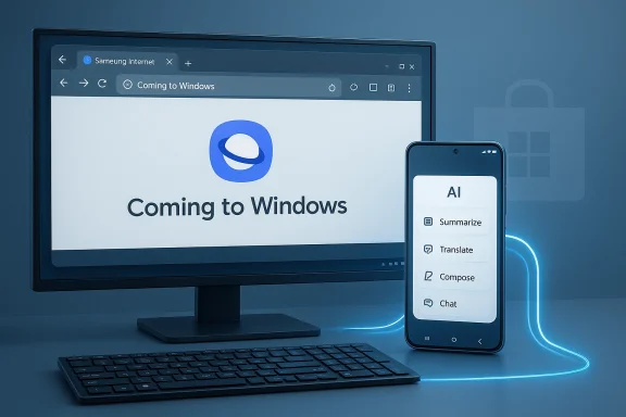 A monitor shows “Coming to Windows” while a smartphone lists AI tools like Summarize, Translate, and Chat. A monitor shows “Coming to Windows” while a smartphone lists AI tools like Summarize, Translate, and Chat.