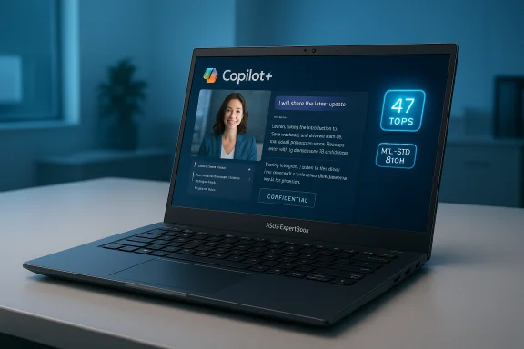 ASUS ExpertBook laptop displaying Copilot+ UI with a smiling presenter on screen. ASUS ExpertBook laptop displaying Copilot+ UI with a smiling presenter on screen.
