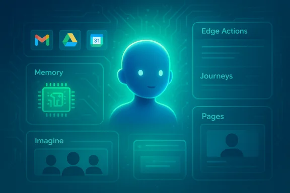 A glowing blue AI avatar centered among futuristic UI panels labeled Memory, Imagine, and Edge Actions. A glowing blue AI avatar centered among futuristic UI panels labeled Memory, Imagine, and Edge Actions.