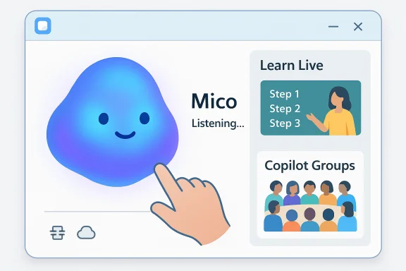 Mico, the blue blob, listens as Learn Live and Copilot Groups panels appear in a software UI. Mico, the blue blob, listens as Learn Live and Copilot Groups panels appear in a software UI.