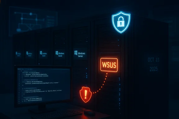 Dark data center with Windows Server racks, a glowing WSUS sign, and security shields. Dark data center with Windows Server racks, a glowing WSUS sign, and security shields.