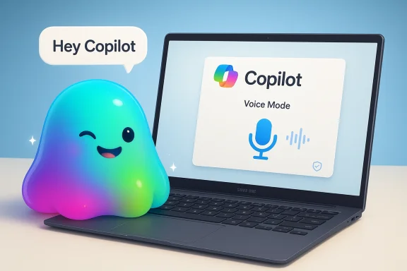 A rainbow-colored, smiling blob greets Copilot on a laptop screen showing Voice Mode. A rainbow-colored, smiling blob greets Copilot on a laptop screen showing Voice Mode.