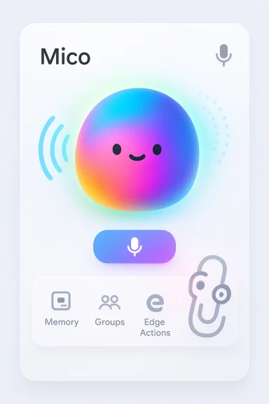 Cheerful rainbow orb with a friendly face on the Mico voice chat UI.