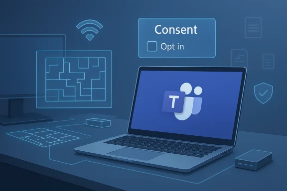 Blue-toned desk setup with a laptop displaying Teams and a consent opt-in prompt. Blue-toned desk setup with a laptop displaying Teams and a consent opt-in prompt.