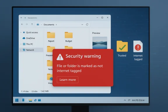 Computer monitor displays Windows Explorer with a red Security warning: file or folder is marked as not internet tagged. Computer monitor displays Windows Explorer with a red Security warning: file or folder is marked as not internet tagged.