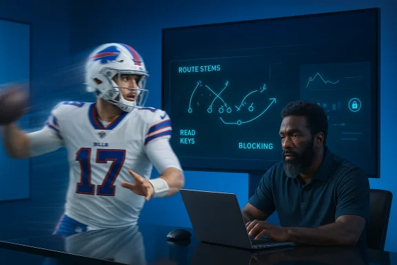 Buffalo Bills QB No. 17 throws a route as an analyst reviews a digital playboard. Buffalo Bills QB No. 17 throws a route as an analyst reviews a digital playboard.