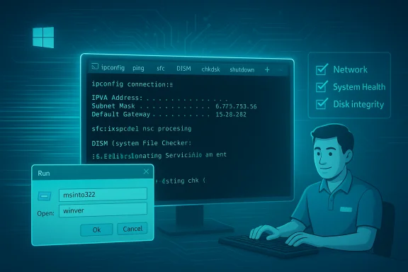 A technician at a computer with a glowing terminal showing IP config and a Run dialog. A technician at a computer with a glowing terminal showing IP config and a Run dialog.
