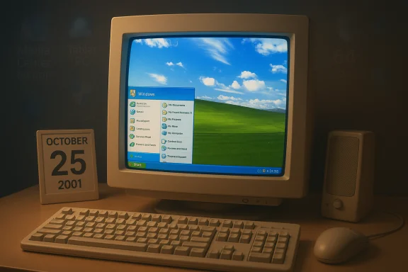 Old Windows XP desktop with Bliss wallpaper, keyboard, mouse, and a calendar showing October 25, 2001. Old Windows XP desktop with Bliss wallpaper, keyboard, mouse, and a calendar showing October 25, 2001.