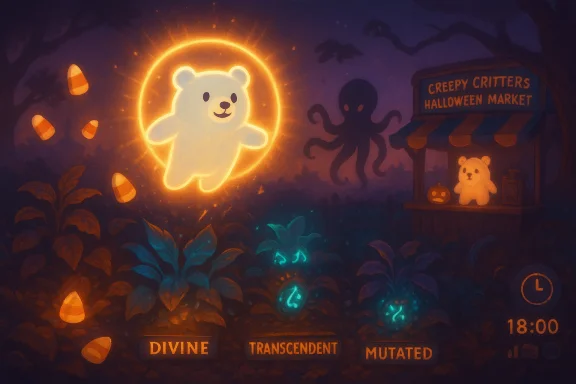 A glowing white bear inside a neon orange halo hovers above a spooky Creepy Critters Halloween Market. A glowing white bear inside a neon orange halo hovers above a spooky Creepy Critters Halloween Market.