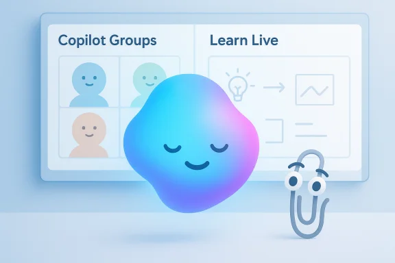 A smiling blue-purple blob mascot floats in front of a Copilot Groups and Learn Live interface.