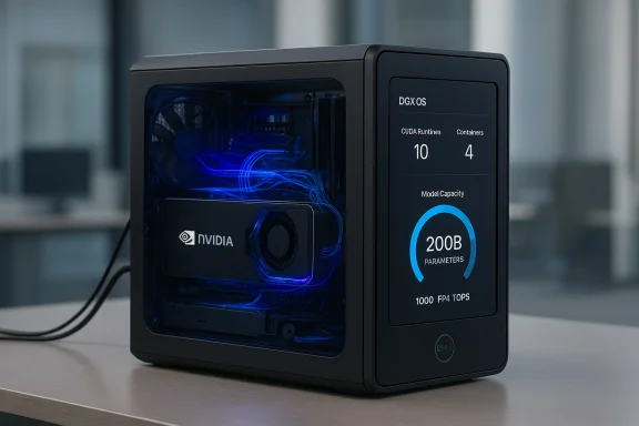 NVIDIA DGX AI workstation with blue-lit internals and a system stats display. NVIDIA DGX AI workstation with blue-lit internals and a system stats display.