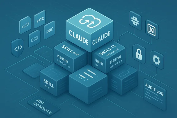 A 3D blue block tower labeled CLAUDE, surrounded by modular software blocks like SKILL.md, API Console, and Audit Log. A 3D blue block tower labeled CLAUDE, surrounded by modular software blocks like SKILL.md, API Console, and Audit Log.