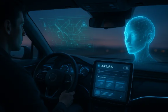 A driver in a futuristic car uses a holographic map and AI head display beside the Atlas touchscreen. A driver in a futuristic car uses a holographic map and AI head display beside the Atlas touchscreen.