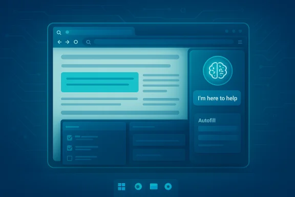 Blue-toned AI assistant UI with a browser window, brain icon, and 'I'm here to help' panel. Blue-toned AI assistant UI with a browser window, brain icon, and 'I'm here to help' panel.