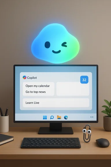Glowing blue-green cloud emoji winks over a monitor showing Copilot tasks. Glowing blue-green cloud emoji winks over a monitor showing Copilot tasks.