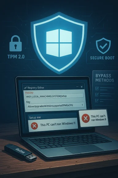 Laptop shows a Windows 11 upgrade error with registry editor text and security shields. Laptop shows a Windows 11 upgrade error with registry editor text and security shields.