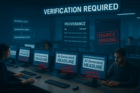 A verification center where staff monitor AI-generated headlines labeled source missing. A verification center where staff monitor AI-generated headlines labeled source missing.
