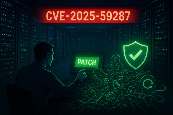 Sysadmin patches CVE-2025-59287 in a server room, guided by a glowing PATCH screen and a security shield. Sysadmin patches CVE-2025-59287 in a server room, guided by a glowing PATCH screen and a security shield.