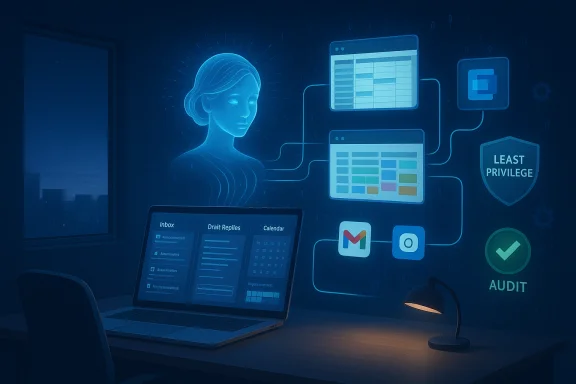 Blue-lit desk with holographic dashboards and a Least Privilege shield. Blue-lit desk with holographic dashboards and a Least Privilege shield.