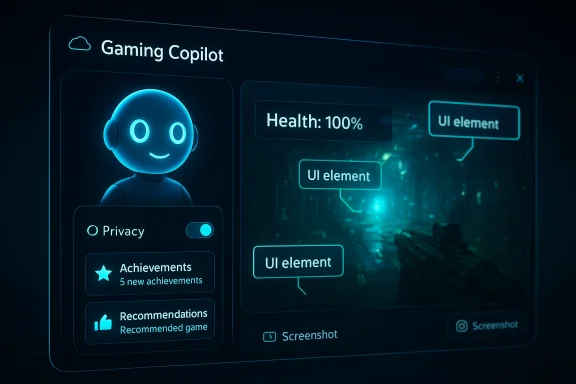 Neon blue holographic UI for 'Gaming Copilot' showing avatar, health 100%, UI elements, and achievements. Neon blue holographic UI for 'Gaming Copilot' showing avatar, health 100%, UI elements, and achievements.