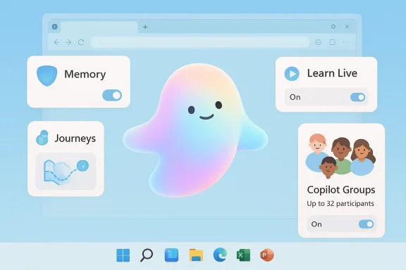 A friendly pastel-gradient ghost floats among UI cards labeled Memory, Learn Live, Journeys, and Copilot Groups.