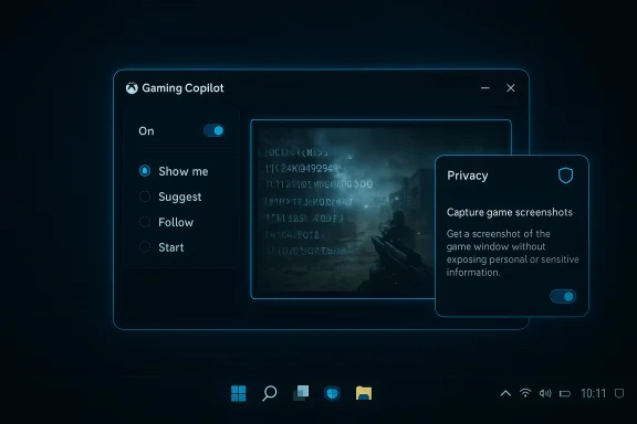 Futuristic neon UI showing Gaming Copilot with a privacy toggle and game preview. Futuristic neon UI showing Gaming Copilot with a privacy toggle and game preview.