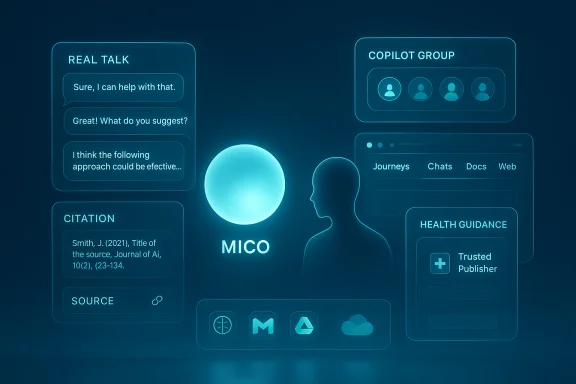 Futuristic neon holographic UI of the MICO AI, with chat, citations, and guidance panels.