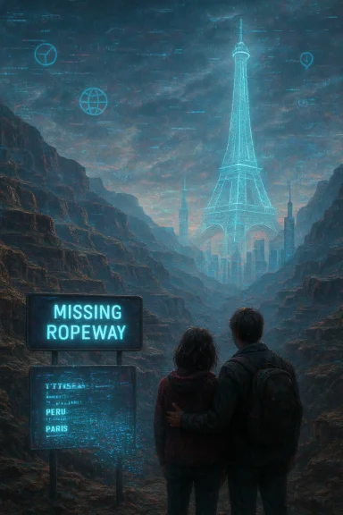 A couple stands in a canyon, gazing at a neon-lit futuristic city and a missing ropeway sign. A couple stands in a canyon, gazing at a neon-lit futuristic city and a missing ropeway sign.
