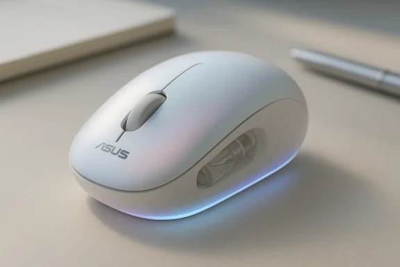 A sleek white ASUS wireless mouse with subtle RGB glow on a clean desk. A sleek white ASUS wireless mouse with subtle RGB glow on a clean desk.