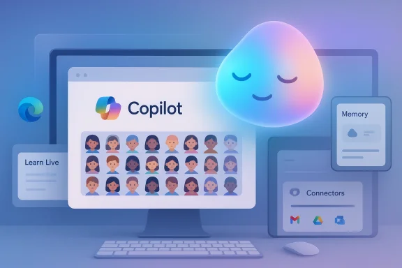 Copilot UI on a monitor with avatar grid, glowing AI orb, and memory panels. Copilot UI on a monitor with avatar grid, glowing AI orb, and memory panels.