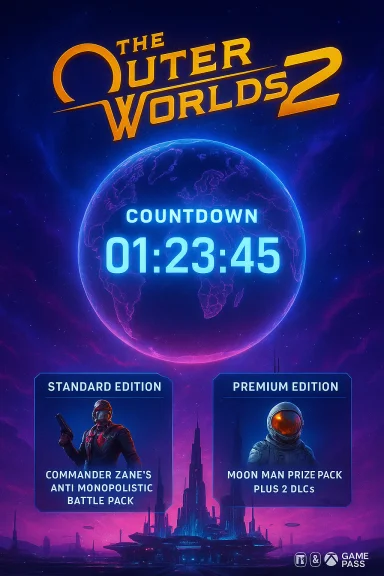 Promo poster for The Outer Worlds 2 featuring a countdown and Standard/Premium editions.