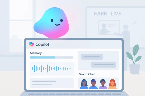 A smiling gradient blob hovers over a laptop displaying Copilot UI with memory bar and group chat.
