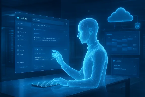 A holographic figure sits at a desk, interacting with a large digital Outlook email interface. A holographic figure sits at a desk, interacting with a large digital Outlook email interface.