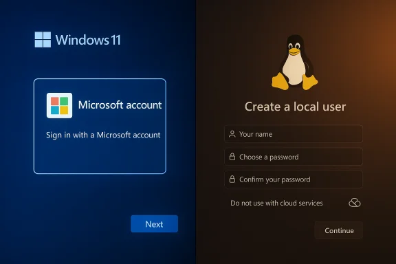 Split-screen: Windows 11 sign-in with a Microsoft account on the left, Linux local user creation on the right.